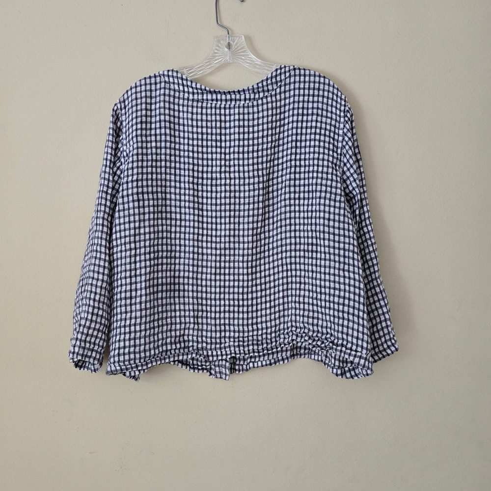 FLAX Women Navy White Gingham Linen V-Neck Button Front Boxy Top Size M - Picture 5 of 7